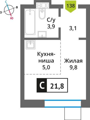 Продажа квартиры-студии 21,8 м², 3/6 этаж
