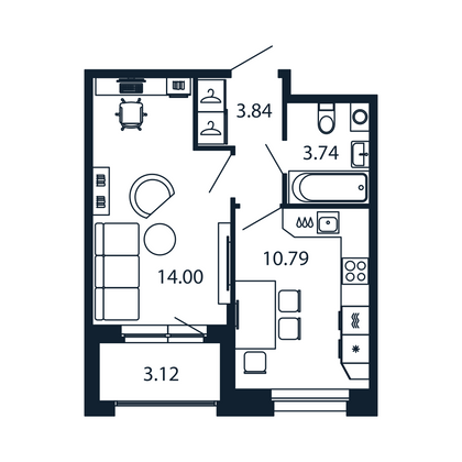 Продажа 1-комнатной квартиры 33,9 м², 2/12 этаж