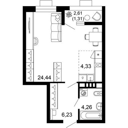 40,6 м², 1-комн. квартира, 4/10 этаж