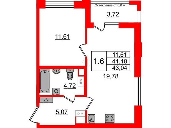Продажа 1-комнатной квартиры 41,2 м², 3/12 этаж