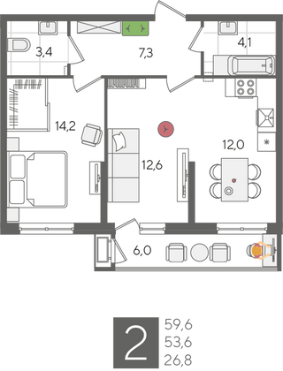 Продажа 2-комнатной квартиры 59,6 м², 2/24 этаж