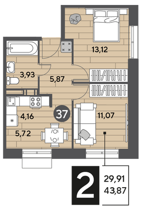 Продажа 2-комнатной квартиры 43,9 м², 9/9 этаж