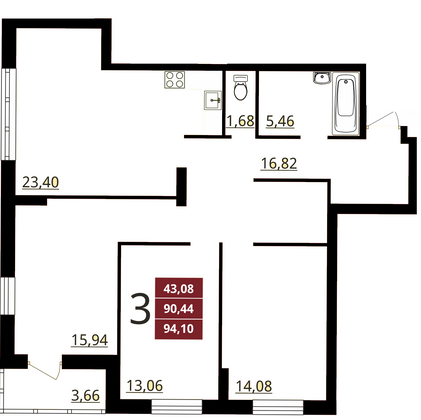 94,1 м², 3-комн. квартира, 9/17 этаж