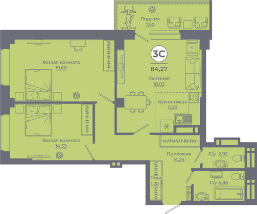 Продажа 3-комнатной квартиры 84,3 м², 7/24 этаж