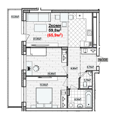 Продажа 2-комнатной квартиры 65,9 м², 13/19 этаж