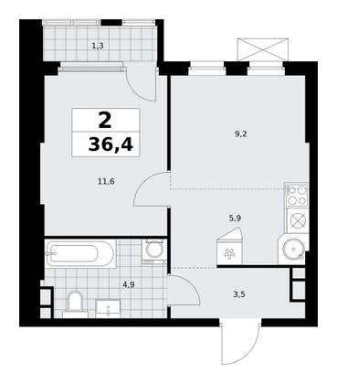 36,4 м², 2-комн. квартира, 8/30 этаж