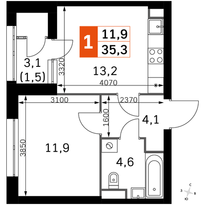 35,3 м², 1-комн. квартира, 2/44 этаж