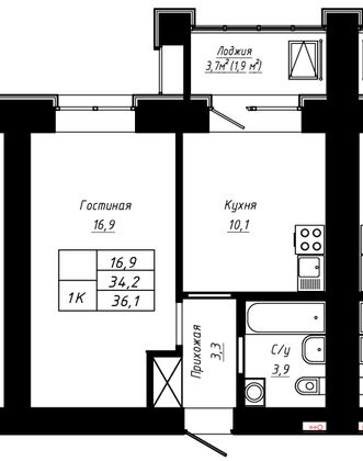 Продажа 1-комнатной квартиры 36,1 м², 11/16 этаж