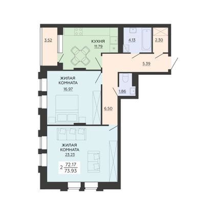 Продажа 2-комнатной квартиры 73,9 м², 11/21 этаж