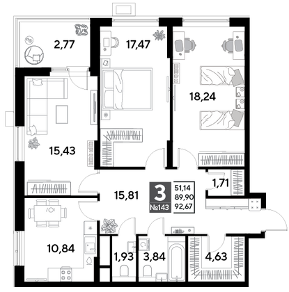 Продажа 3-комнатной квартиры 92,7 м², 13/25 этаж