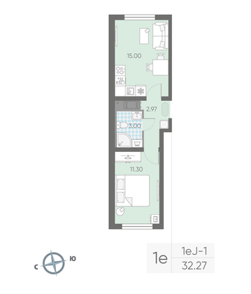 Продажа 1-комнатной квартиры 32,3 м², 21/25 этаж