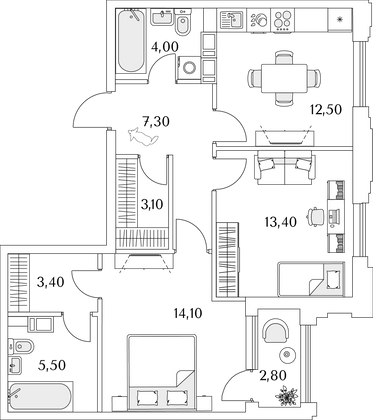 64,7 м², 2-комн. квартира, 5/13 этаж