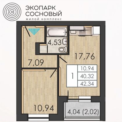 42,3 м², 1-комн. квартира, 2/4 этаж