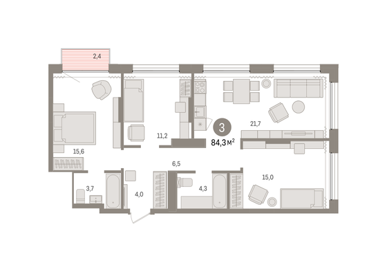 84,3 м², 3-комн. квартира, 11/17 этаж