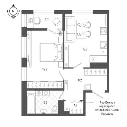 50,2 м², 1-комн. квартира, 13/18 этаж