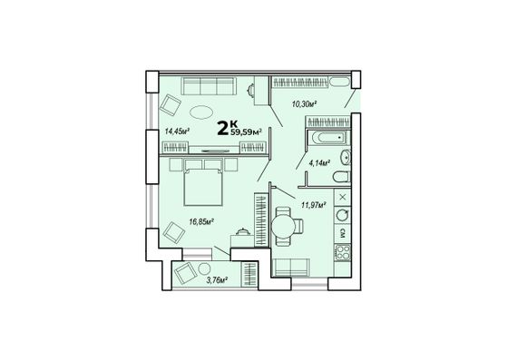 Продажа 2-комнатной квартиры 59,6 м², 3/4 этаж