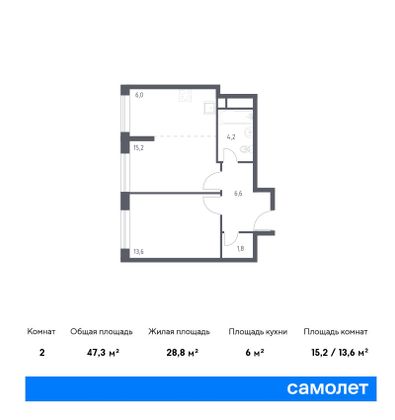 47,3 м², 1-комн. квартира, 2/21 этаж