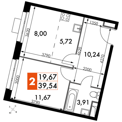 39,5 м², 2-комн. квартира, 10/15 этаж