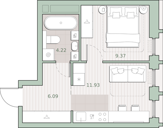 31,6 м², 1-комн. квартира, 2/44 этаж