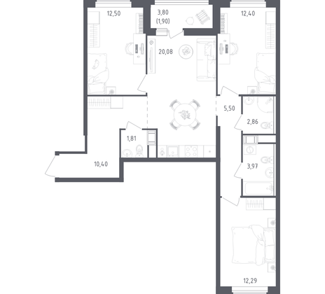 83,7 м², 3-комн. квартира, 12/18 этаж