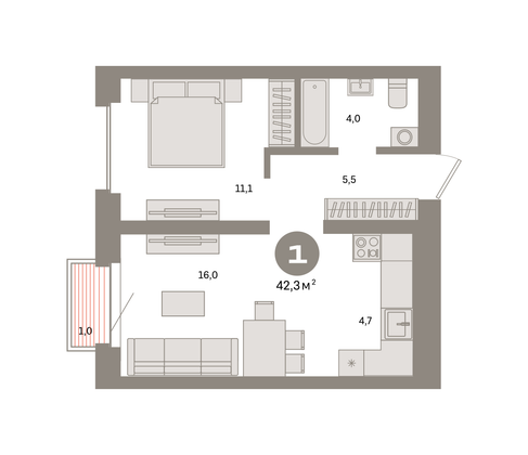 Продажа 1-комнатной квартиры 42,3 м², 19/24 этаж