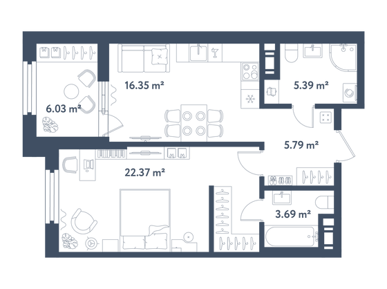 56,6 м², 1-комн. квартира, 7/11 этаж