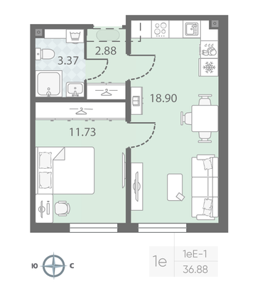 Продажа 1-комнатной квартиры 36,9 м², 15/23 этаж