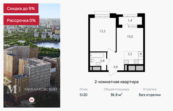 36,8 м², 2-комн. квартира, 5/20 этаж