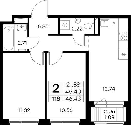 46,4 м², 2-комн. квартира, 8/9 этаж