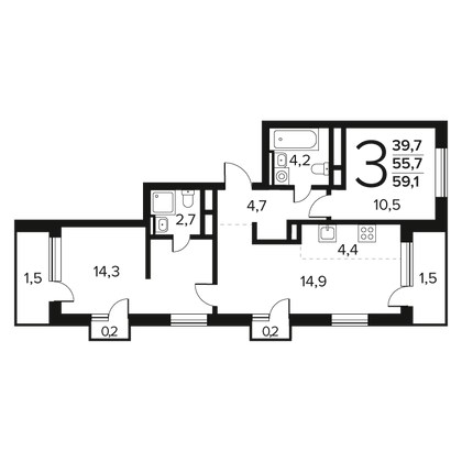 59,1 м², 3-комн. квартира, 6/7 этаж