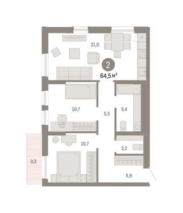 Продажа 2-комнатной квартиры 64,5 м², 4/9 этаж