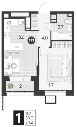 Продажа 1-комнатной квартиры 34,2 м², 18/21 этаж