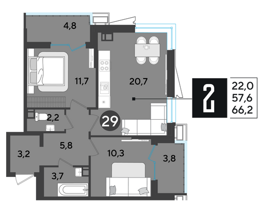 Продажа 2-комнатной квартиры 66,2 м², 5/18 этаж