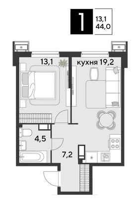 Продажа 1-комнатной квартиры 44 м², 14/18 этаж