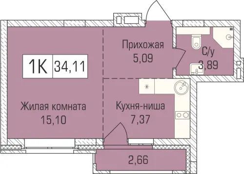 34 м², 1-комн. квартира, 6/9 этаж