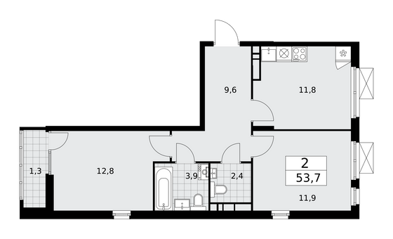 53,7 м², 2-комн. квартира, 11/16 этаж