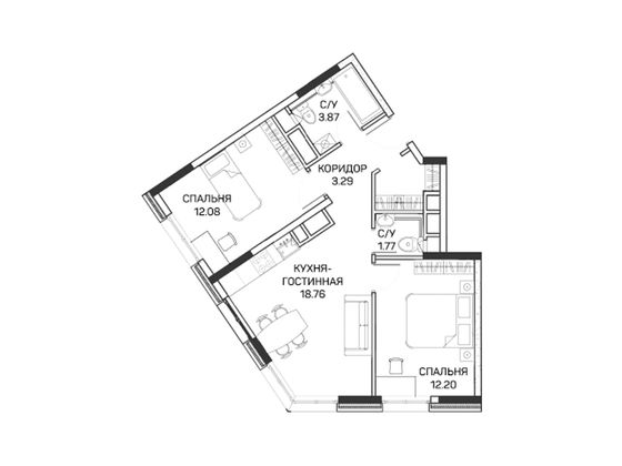 54,7 м², 2-комн. квартира, 5/8 этаж