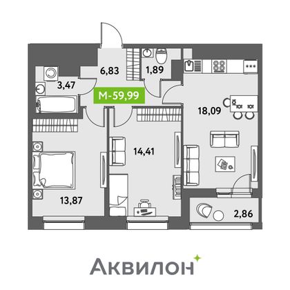 60 м², 2-комн. квартира, 10/12 этаж