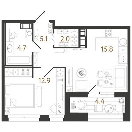 40,5 м², 1-комн. квартира, 8/14 этаж