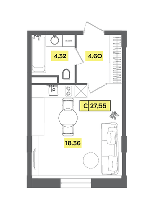 27,5 м², студия, 5 этаж