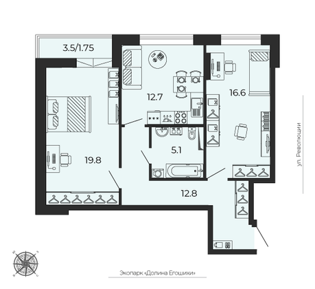 68,3 м², 2-комн. квартира, 21/25 этаж