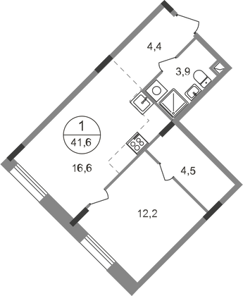 41,6 м², 1-комн. квартира, 1/9 этаж