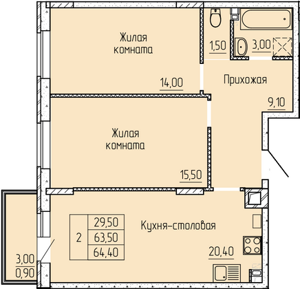 64,8 м², 2-комн. квартира, 4/4 этаж