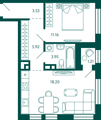 43,4 м², 1-комн. квартира, 4/29 этаж