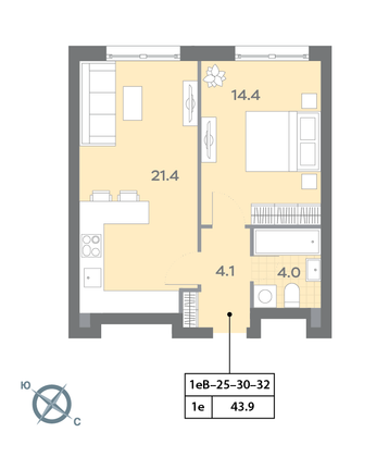 Продажа 1-комнатной квартиры 43,7 м², 32/32 этаж