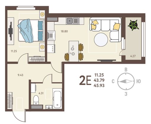 45,9 м², 1-комн. квартира, 3/18 этаж