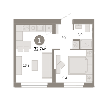 Продажа 1-комнатной квартиры 32,7 м², 5/9 этаж