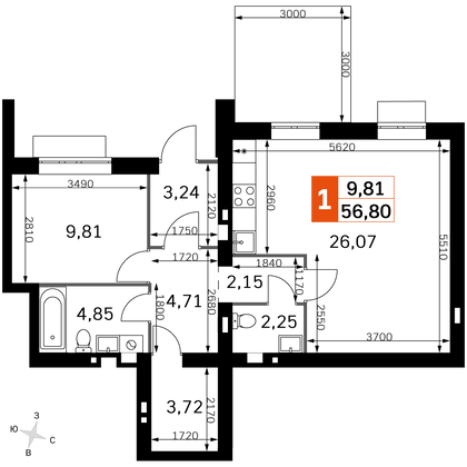 56,8 м², 2-комн. квартира, 1/4 этаж