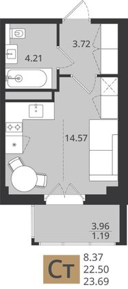 23,7 м², 1-комн. квартира, 3/16 этаж