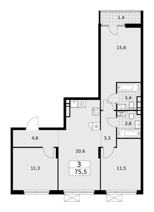 75,5 м², 3-комн. квартира, 14/16 этаж